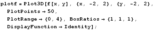 plotf = Plot3D[f[x, y], {x, -2, 2}, {y, -2, 2}, PlotPoints→50, PlotRange→ {0, 4}, BoxRatios→ {1, 1, 1}, DisplayFunction→Identity] ;