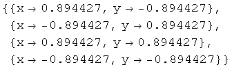 {{x→0.894427, y→ -0.894427}, {x→ -0.894427, y→0.894427}, {x→0.894427, y→0.894427}, {x→ -0.894427, y→ -0.894427}}