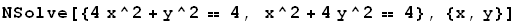 NSolve[{4x^2 + y^2 == 4, x^2 + 4y^2 == 4}, {x, y}]
